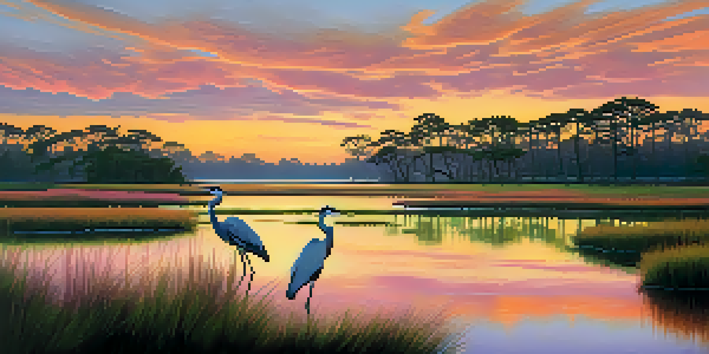 A peaceful coastal marsh landscape in Georgia during sunset with herons and cypress trees.