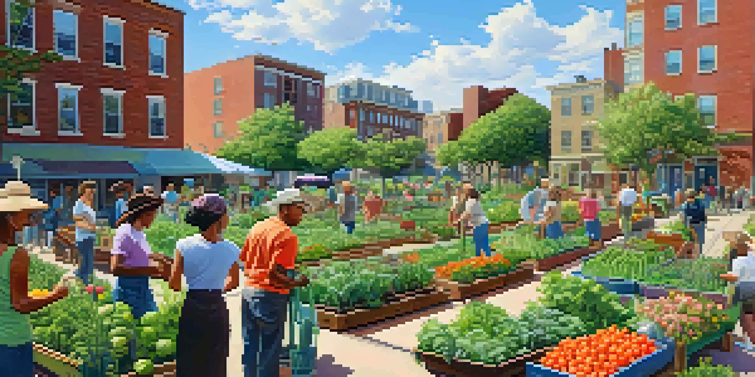 A community garden with people of different ages growing vegetables and flowers under a sunny sky.