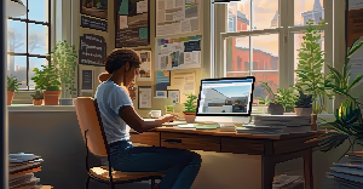 A small business owner working on a laptop at a cluttered desk with natural light filtering through the window.