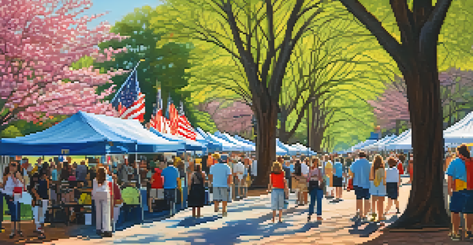 A lively outdoor festival with blooming dogwood trees, families enjoying art and food, and a clear blue sky.