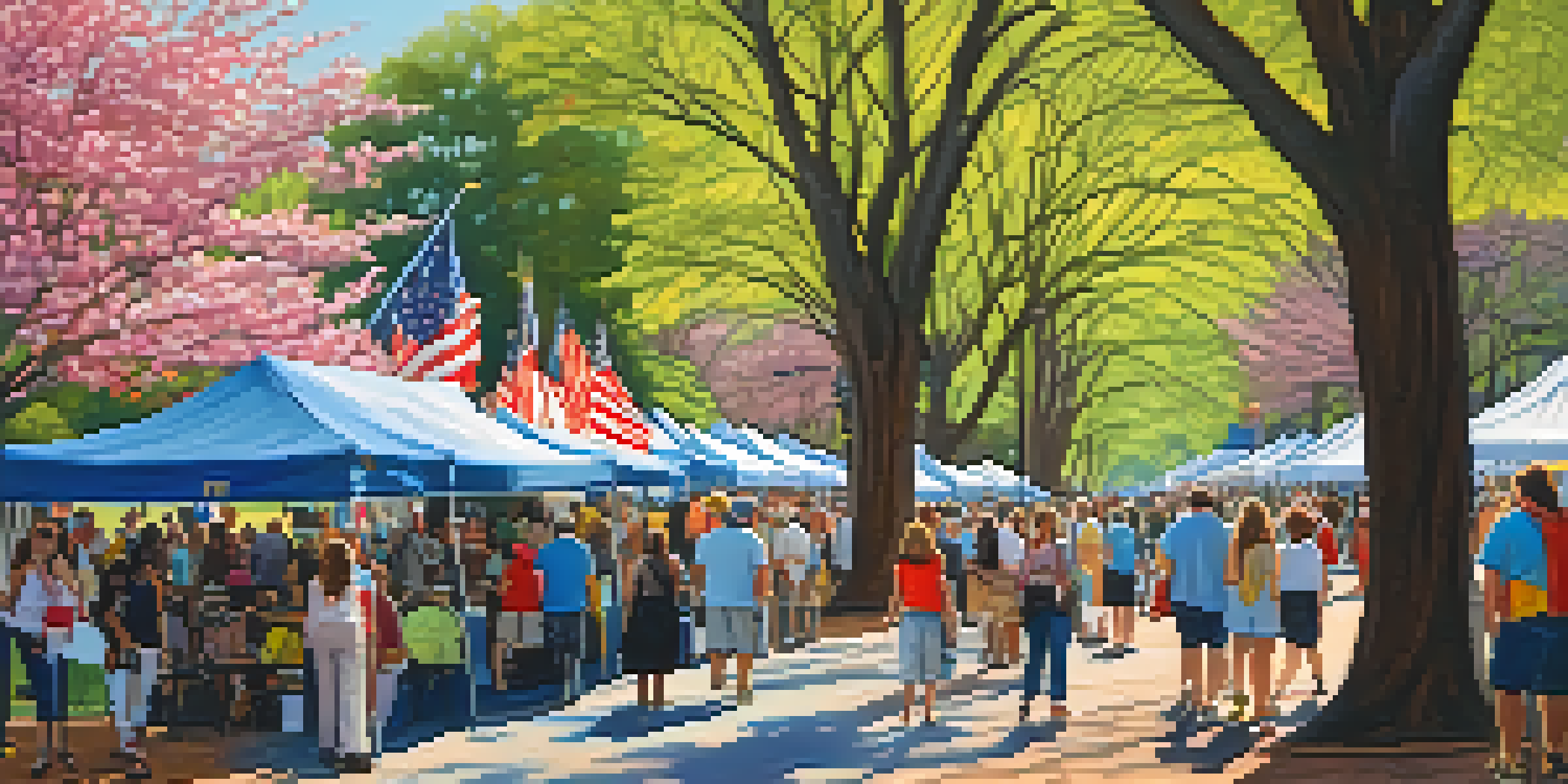 A lively outdoor festival with blooming dogwood trees, families enjoying art and food, and a clear blue sky.