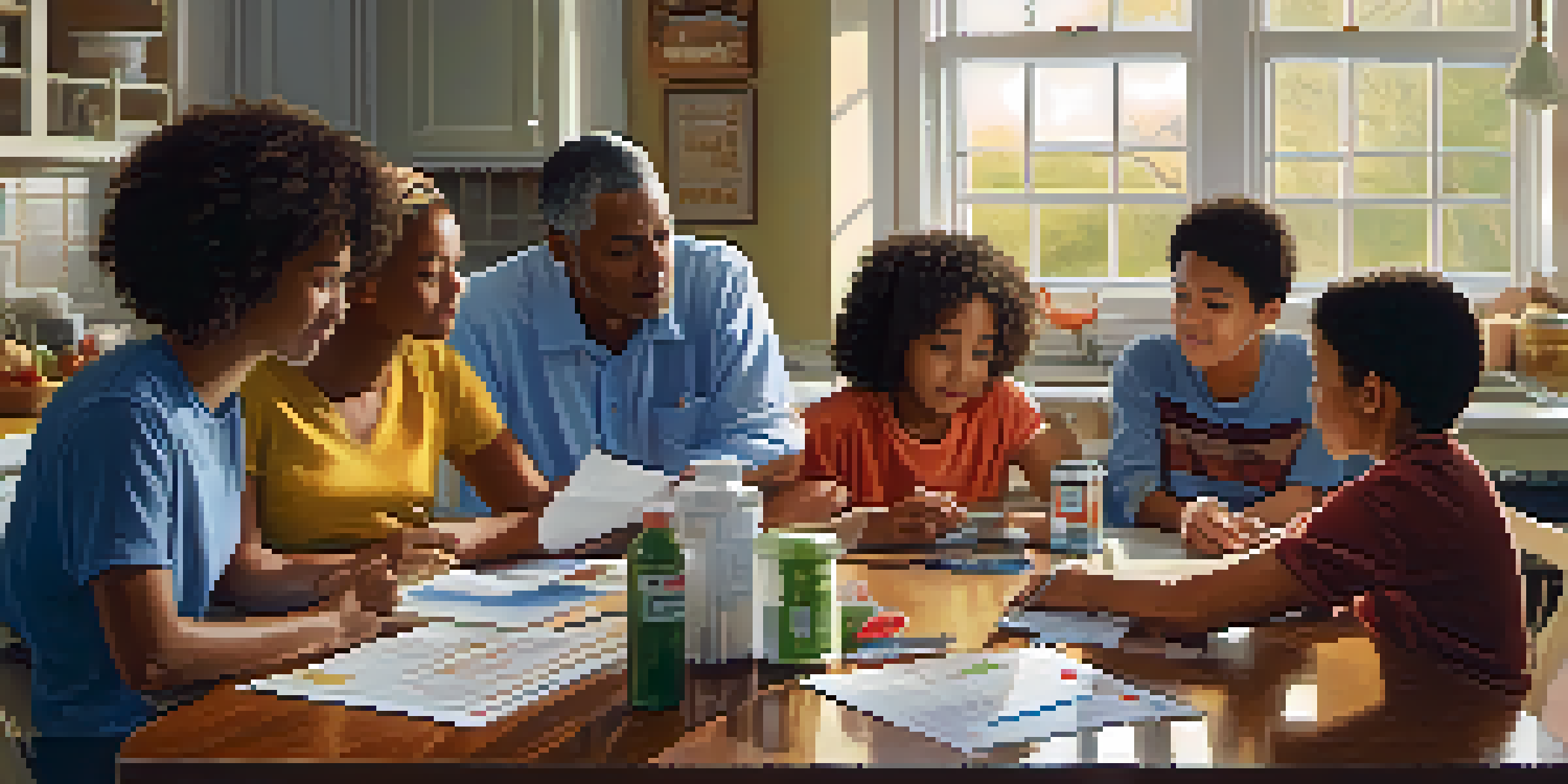 A family discussing their emergency preparedness plan with a checklist and supplies on the table, illuminated by soft morning light.