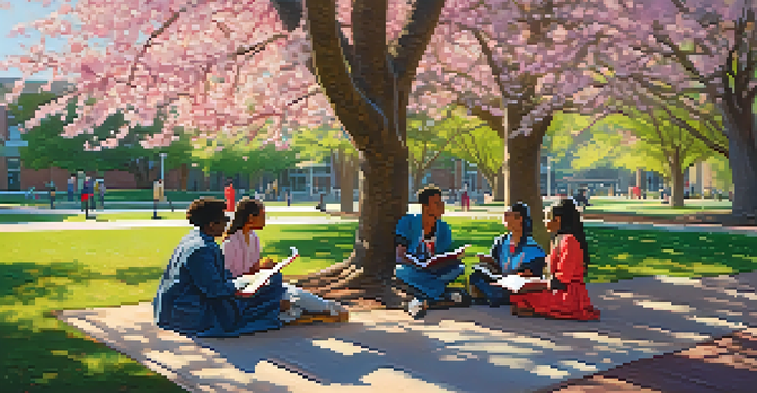 A diverse group of students discussing under cherry blossom trees on a university campus, with books and laptops, illuminated by sunlight.
