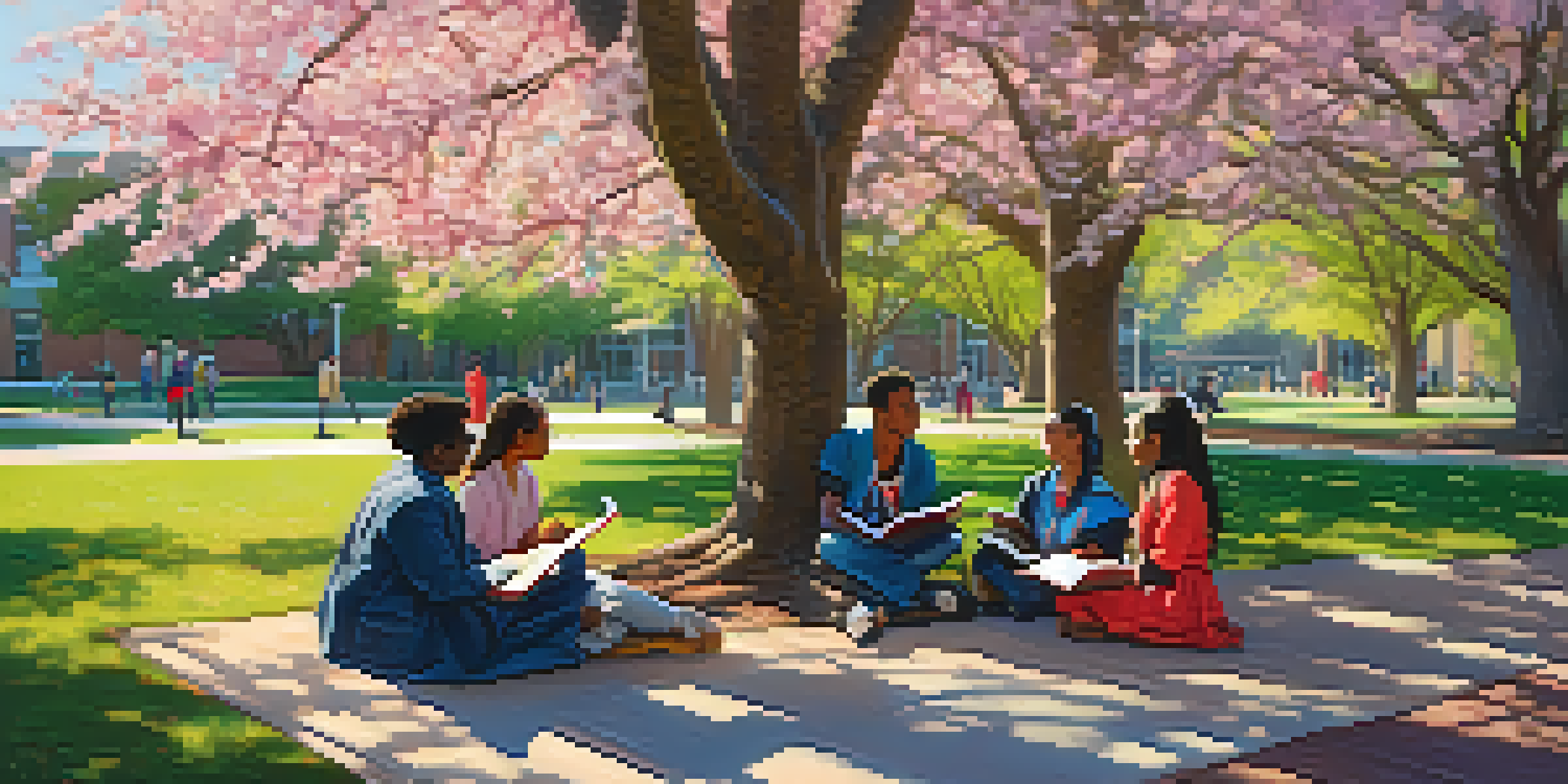 A diverse group of students discussing under cherry blossom trees on a university campus, with books and laptops, illuminated by sunlight.