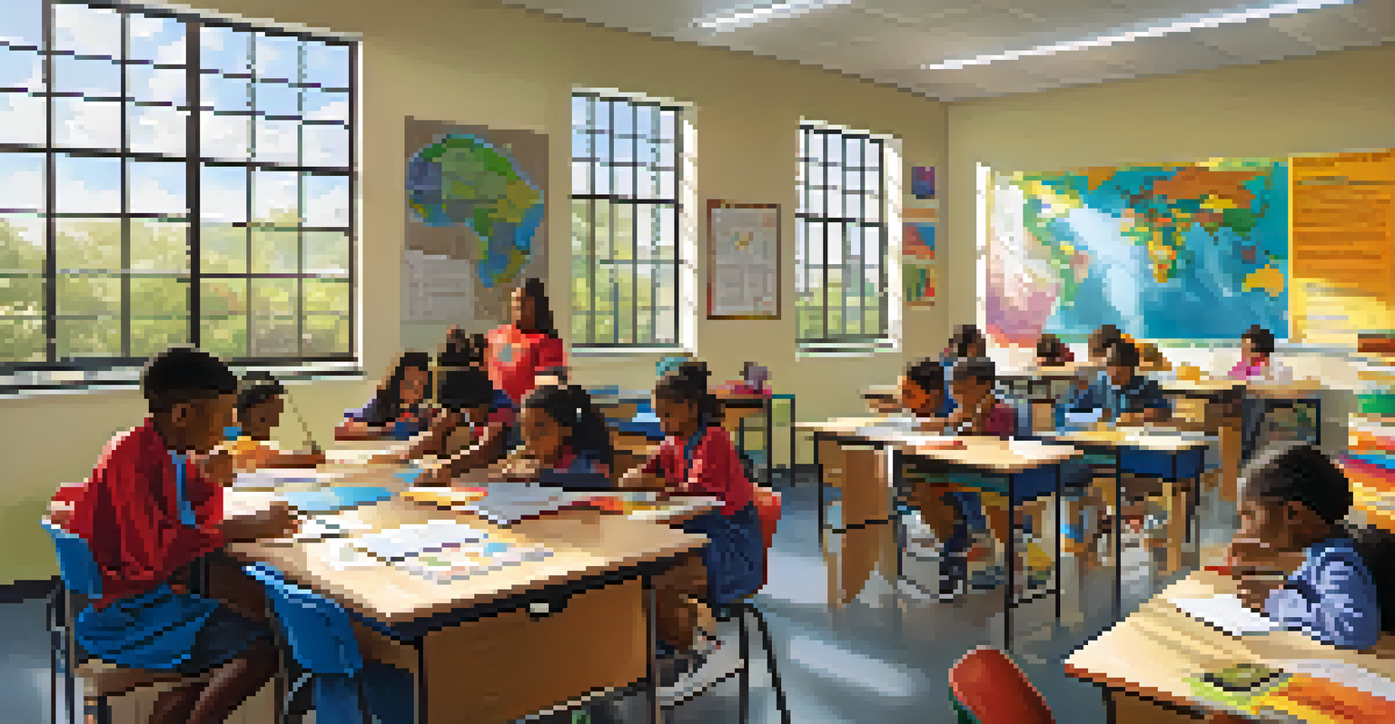 A diverse classroom in Georgia with students of various backgrounds collaborating on a learning activity, filled with educational materials and sunlight.