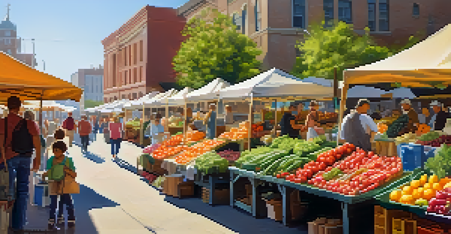 A farmers' market filled with people buying fresh produce and enjoying the vibrant atmosphere.