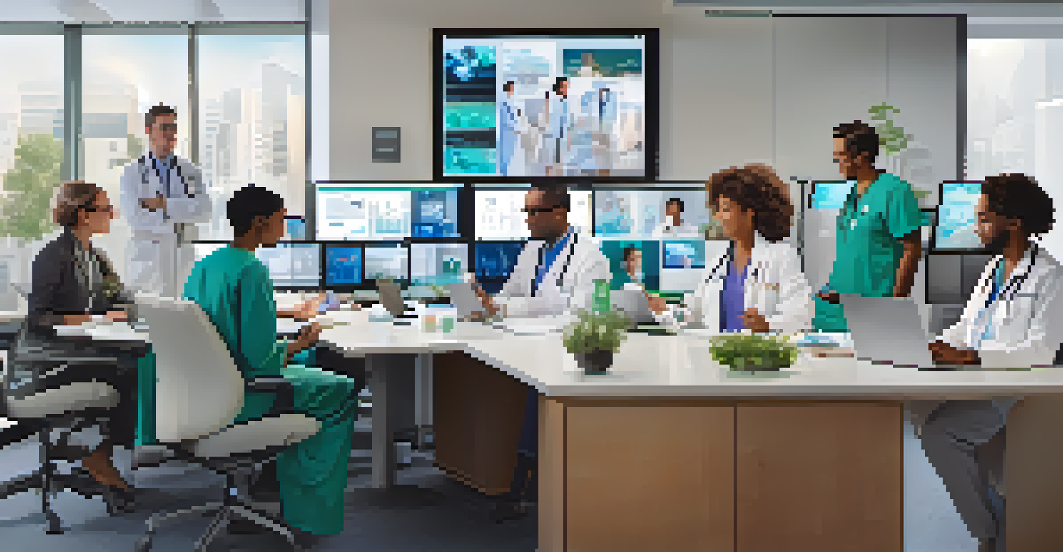 A diverse group of healthcare providers working together on a telehealth platform in a modern office.