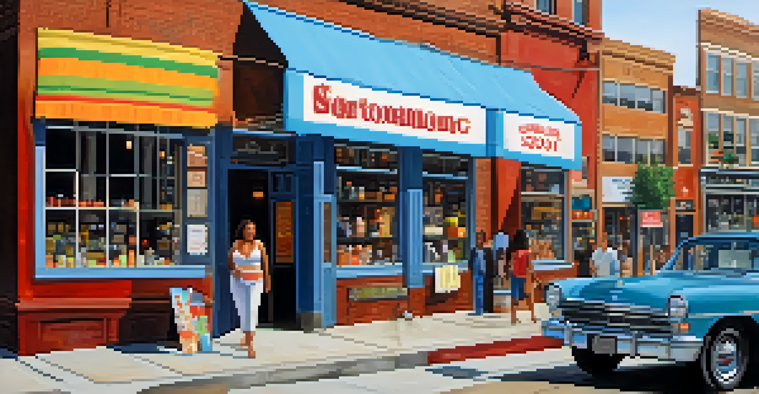 A cheerful small business owner standing in front of their shop in a busy urban area, with vibrant storefronts and people walking by.