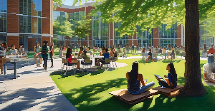 A diverse group of students collaborating on a research project outside on a university campus, surrounded by greenery and modern buildings.