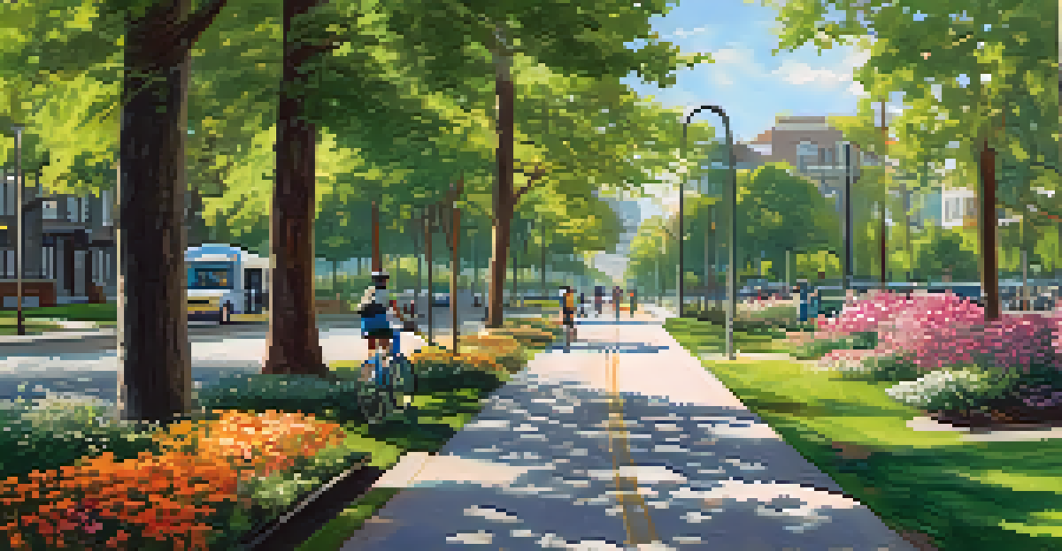 A picturesque bike path in a Georgia city, featuring cyclists, trees, and flowers on a sunny day, highlighting bike-friendly infrastructure.