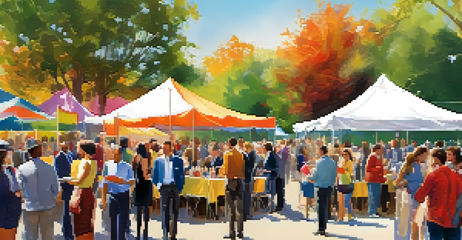 Entrepreneurs networking outdoors at an event organized by a small business development center, with colorful tents and a banner in the background.