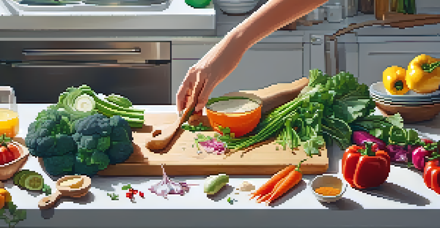 A caregiver's hands preparing a healthy meal in a bright kitchen, surrounded by fresh ingredients.