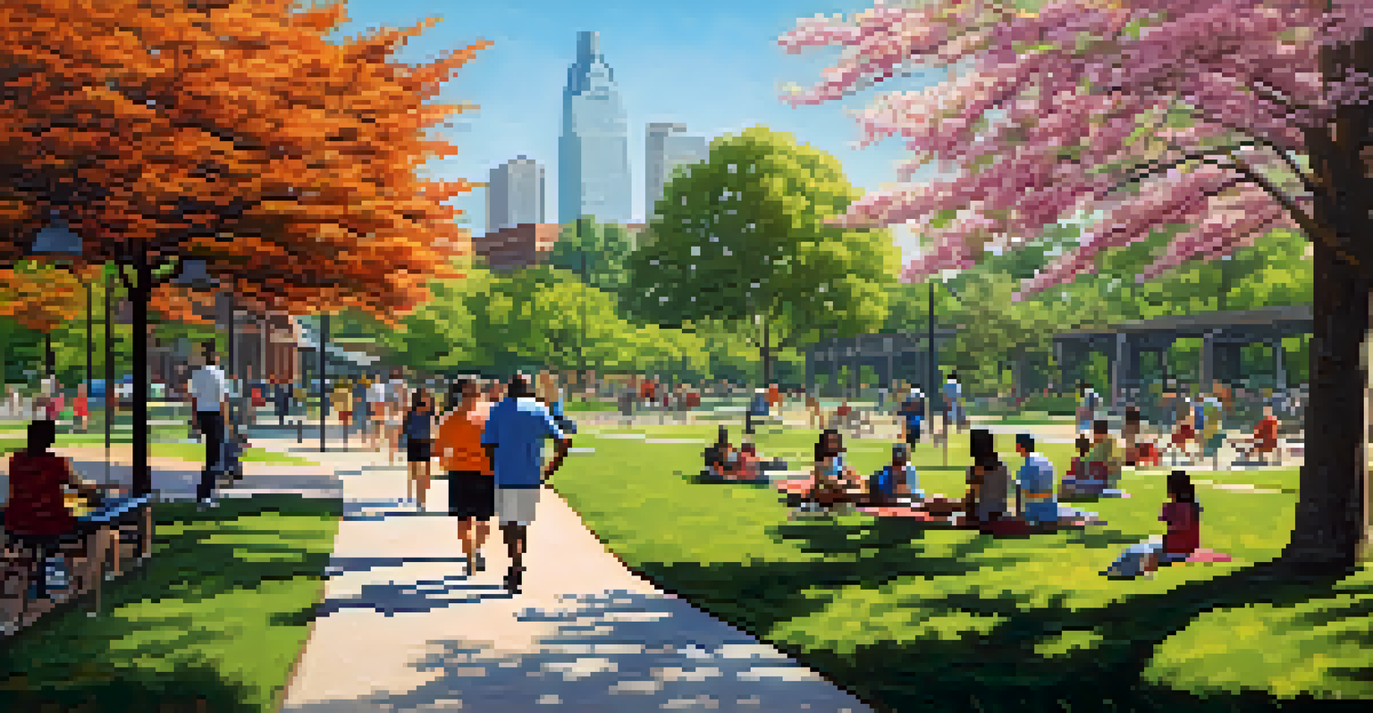 A vibrant urban park in Atlanta with people enjoying the space, featuring walking paths, greenery, and families having picnics.