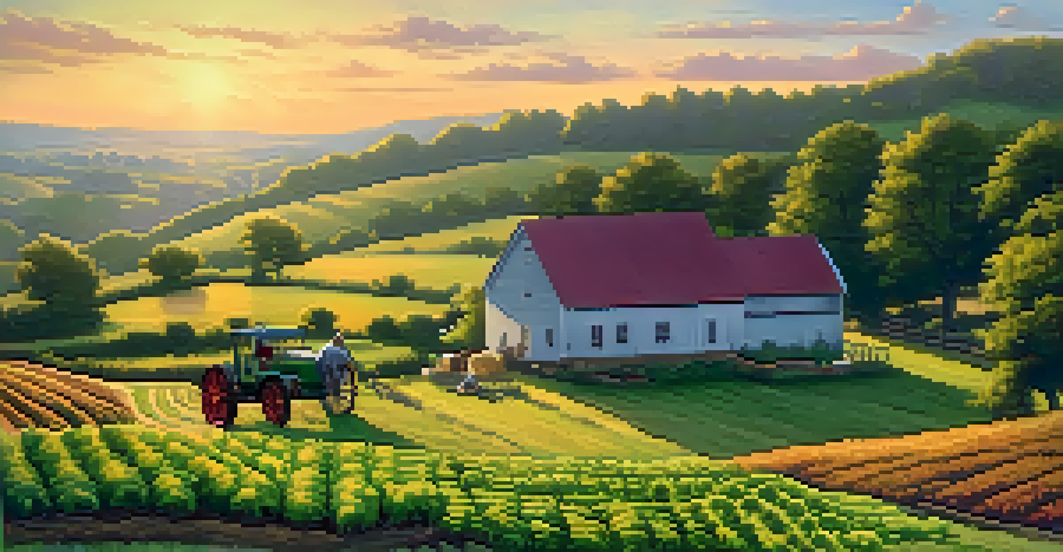 A serene rural landscape in Georgia with a farmer tending to a vegetable garden at sunset, showcasing rolling hills and a farmhouse.