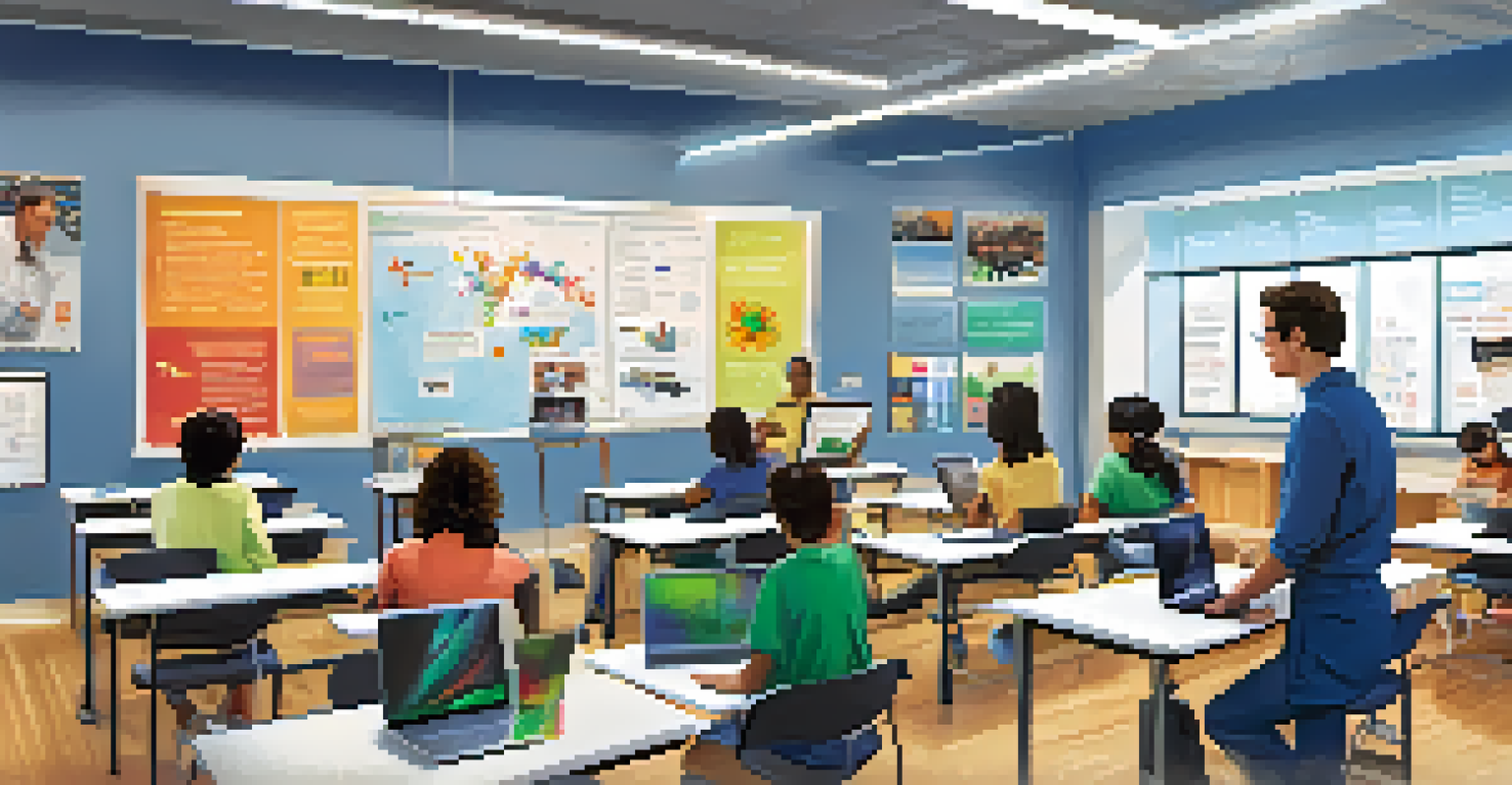 A modern classroom where an instructor teaches a STEM class, with students using laptops and science equipment, surrounded by vibrant educational posters.