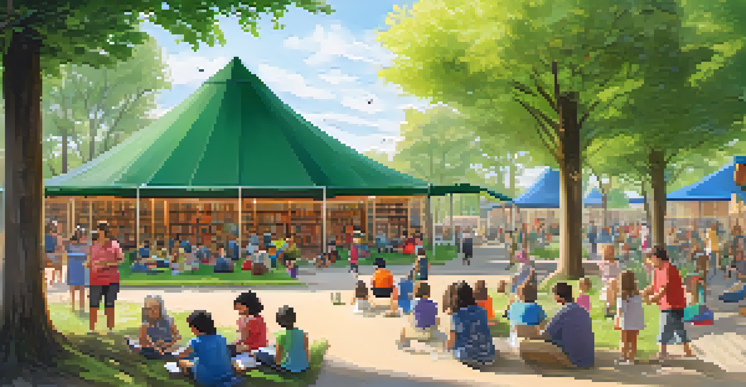 The exterior of a library hosting a community reading festival, with people of various ages participating in storytelling activities outdoors.