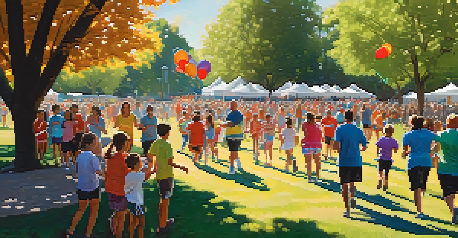 A community charity run event in a park, with families and children participating in a joyful atmosphere.