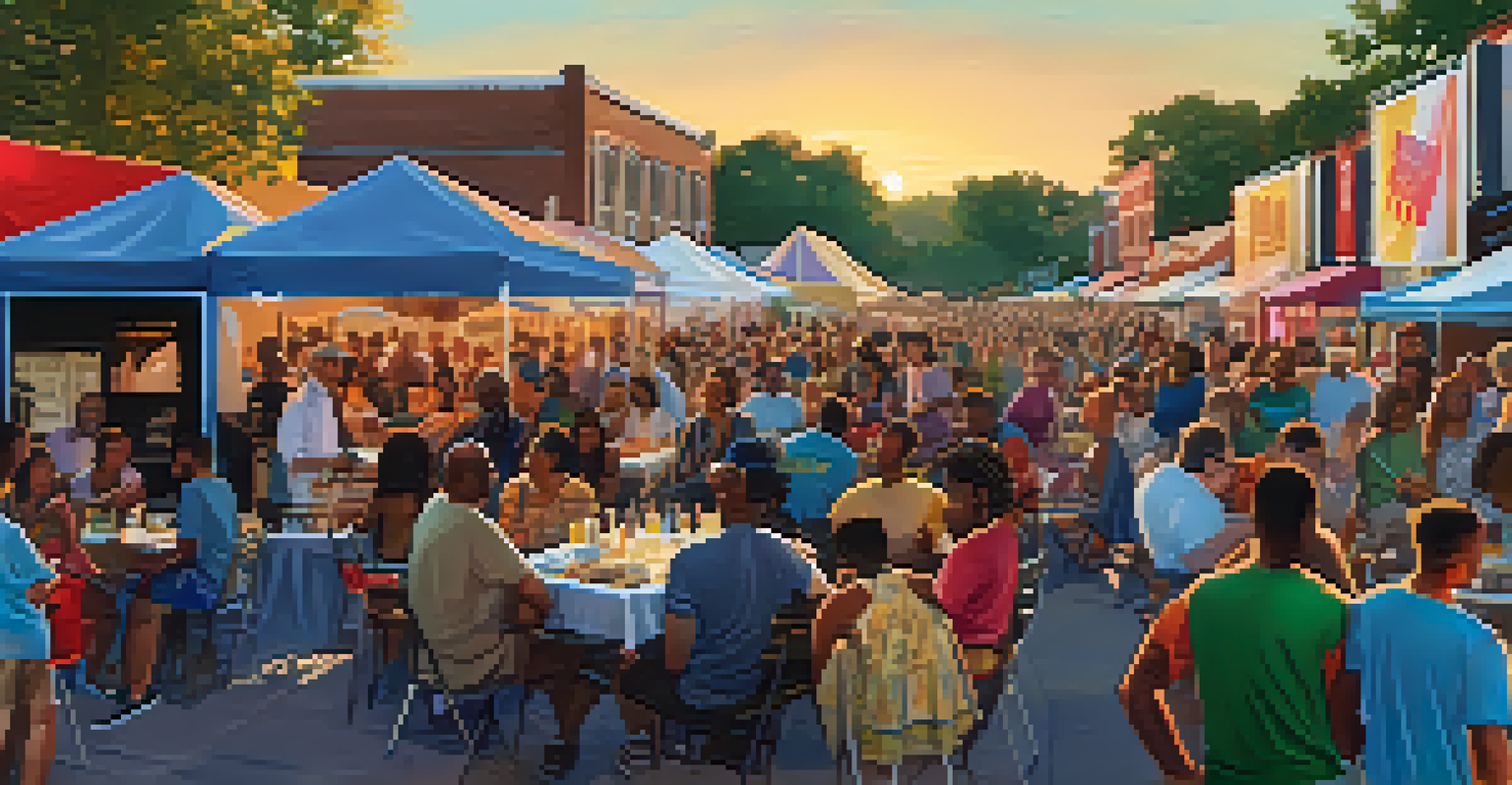 A local filmmaker interacting with an audience at the Macon Film Festival, with colorful banners and food stalls in a warm, inviting atmosphere.