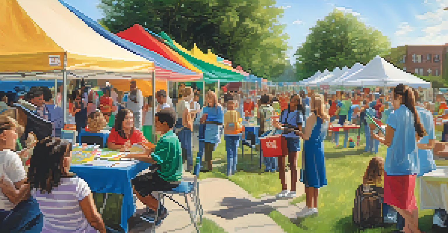 A vibrant community event with families engaging at booths offering educational resources and scholarships, representing local charities and organizations.