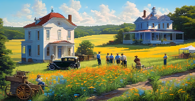 A film set in Georgia with crew members and a historic plantation house surrounded by colorful wildflowers and rolling hills.