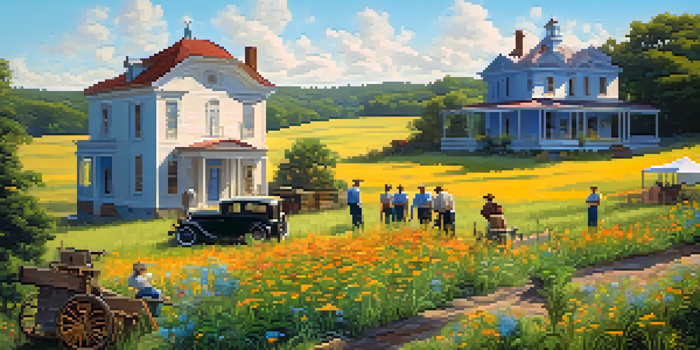 A film set in Georgia with crew members and a historic plantation house surrounded by colorful wildflowers and rolling hills.