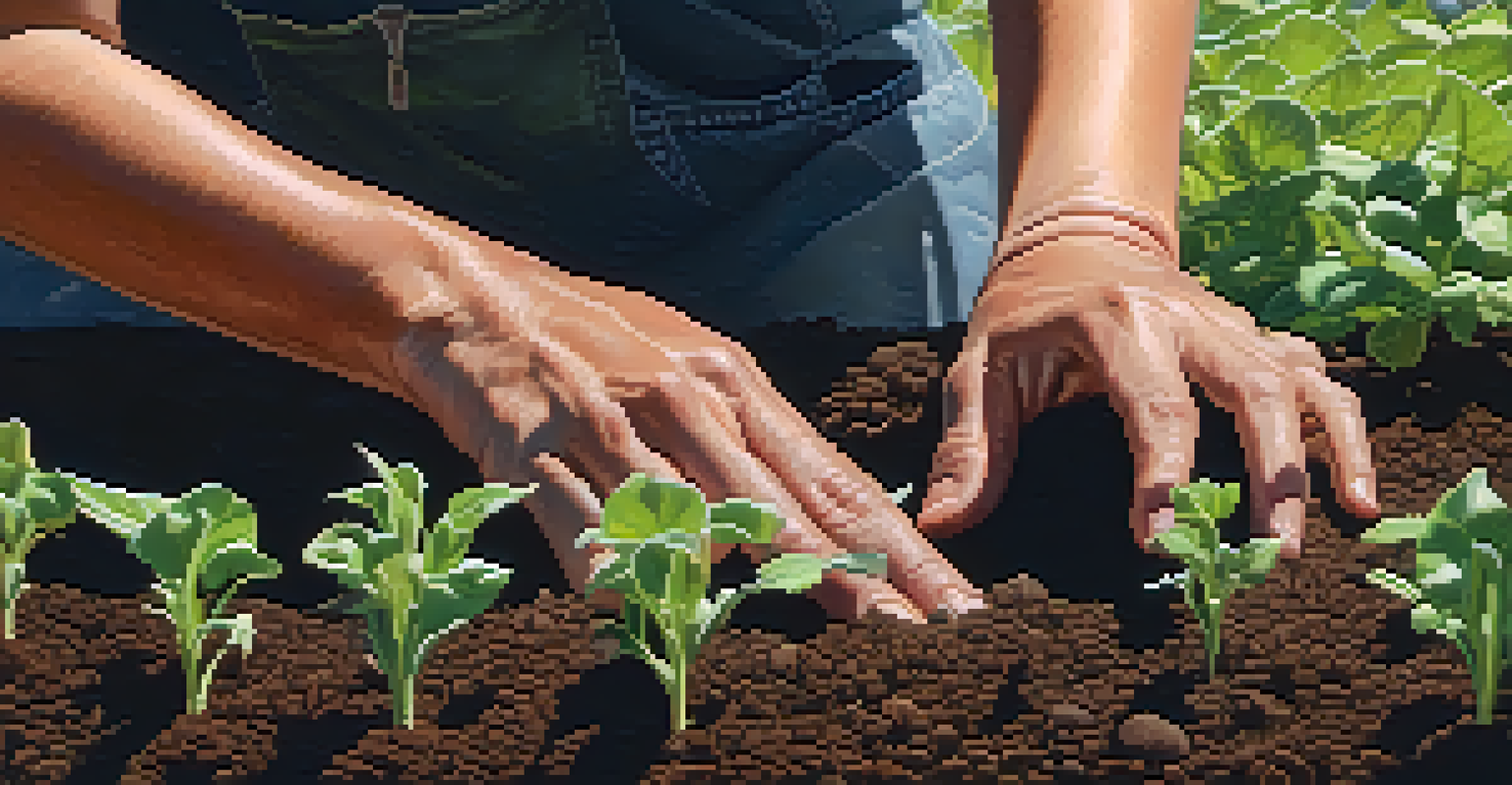 A farmer's hands planting seeds in soil with green shoots sprouting.