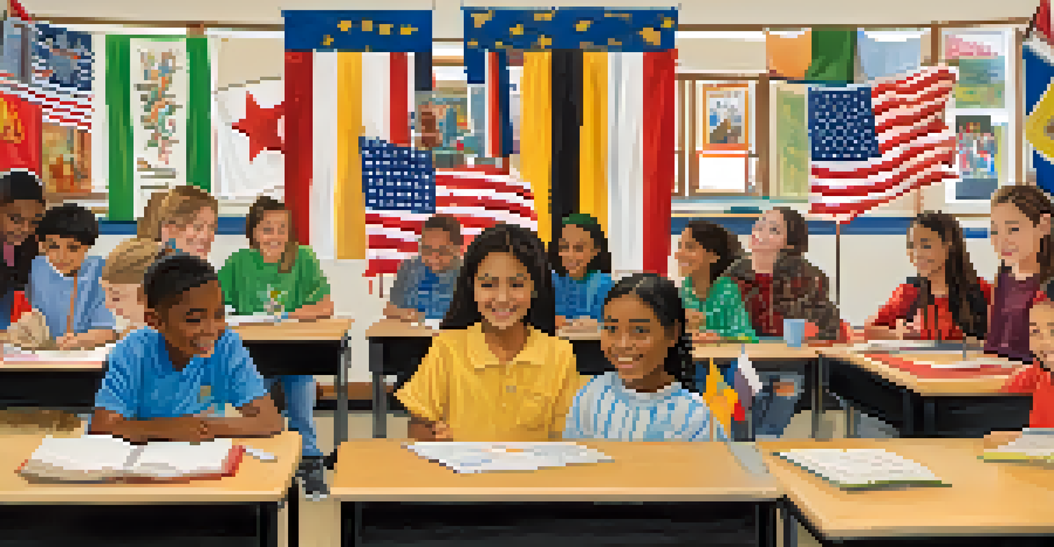 A diverse classroom scene with students from different ethnic backgrounds participating in a cultural exchange program, surrounded by cultural decorations.
