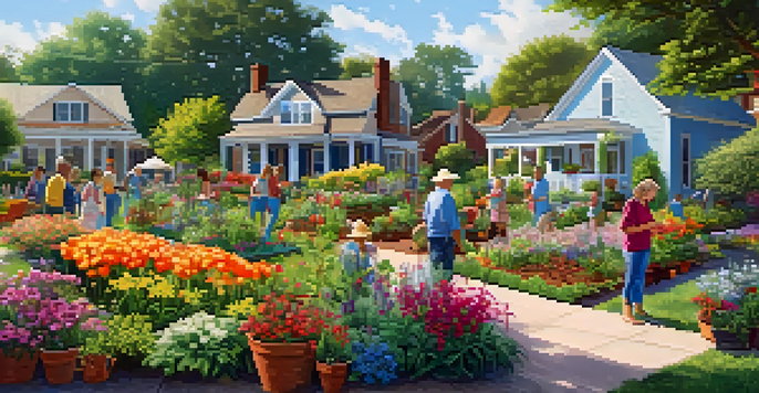 A lively community garden in Georgia with residents gardening under warm sunlight, surrounded by colorful flowers and traditional Southern homes.