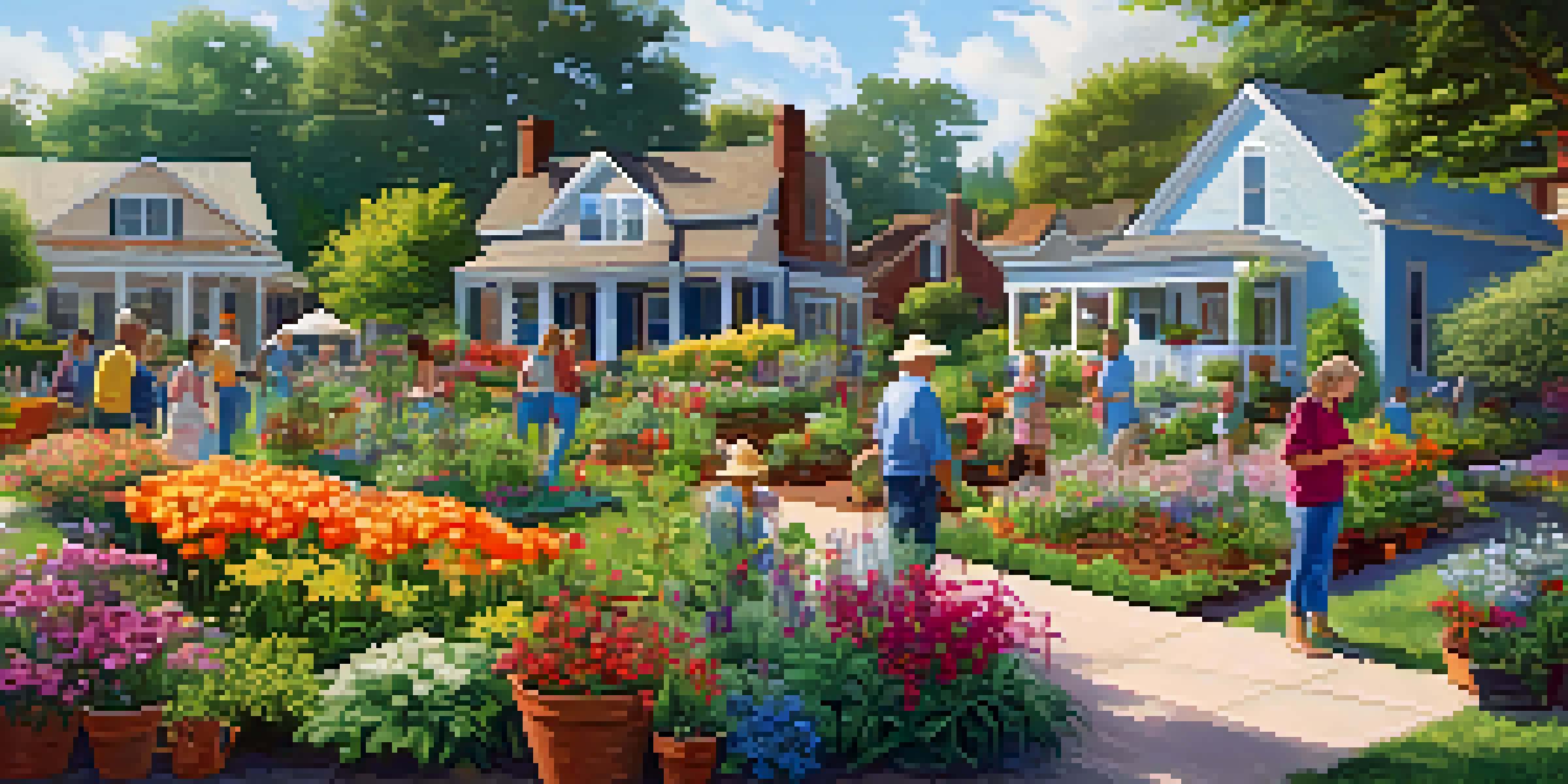 A lively community garden in Georgia with residents gardening under warm sunlight, surrounded by colorful flowers and traditional Southern homes.