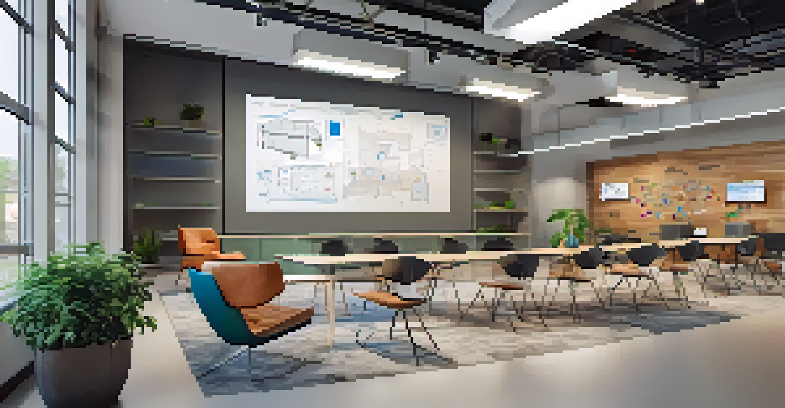 A collaborative workspace in an innovation hub where professionals brainstorm manufacturing technologies.