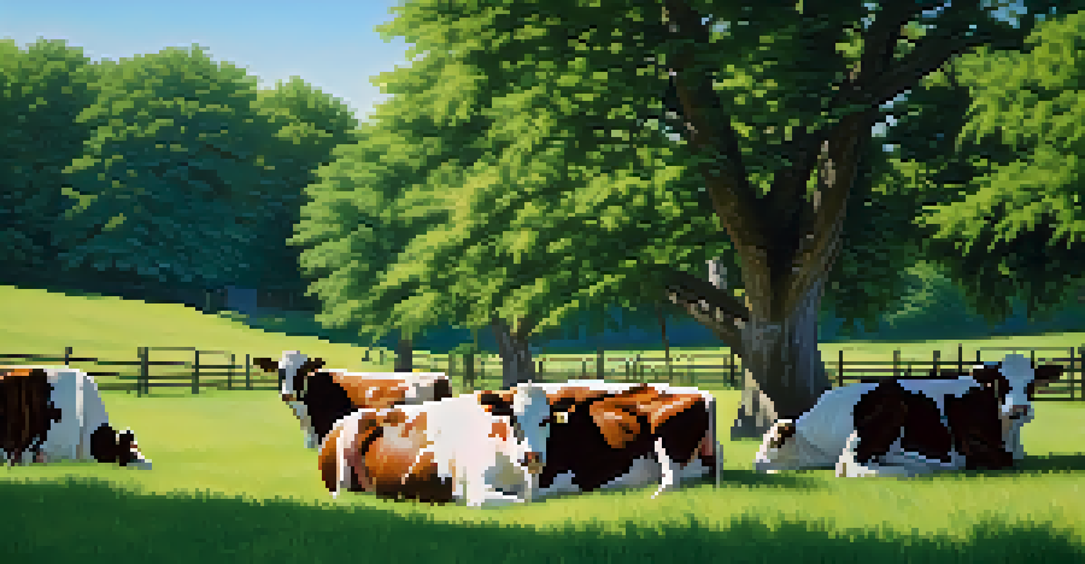 Close-up of cattle resting in the shade on a Georgia farm, surrounded by green grass and trees under a clear sky.