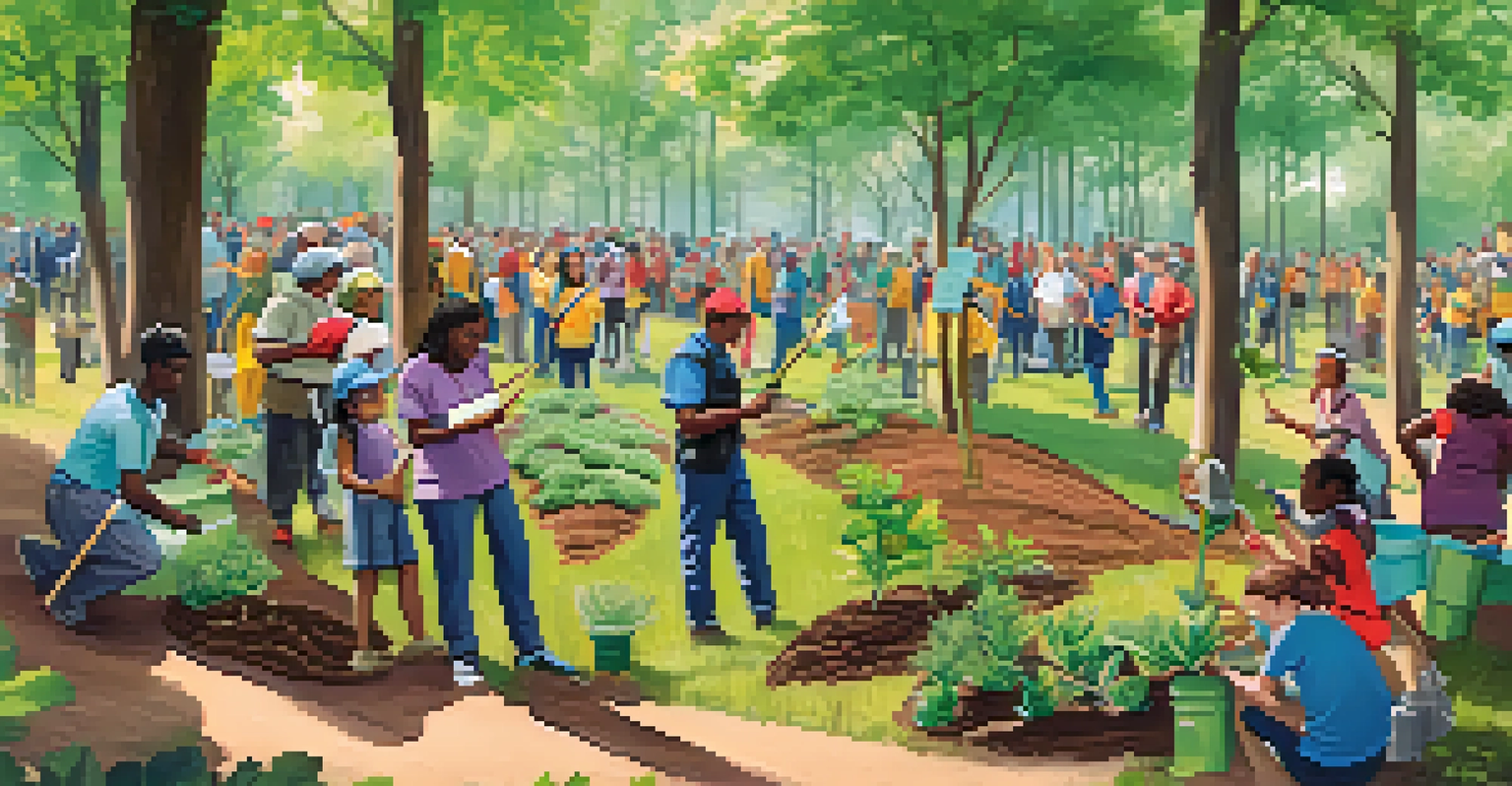 A community conservation event in a Georgia park, with volunteers planting trees and engaging in activities, surrounded by colorful banners.