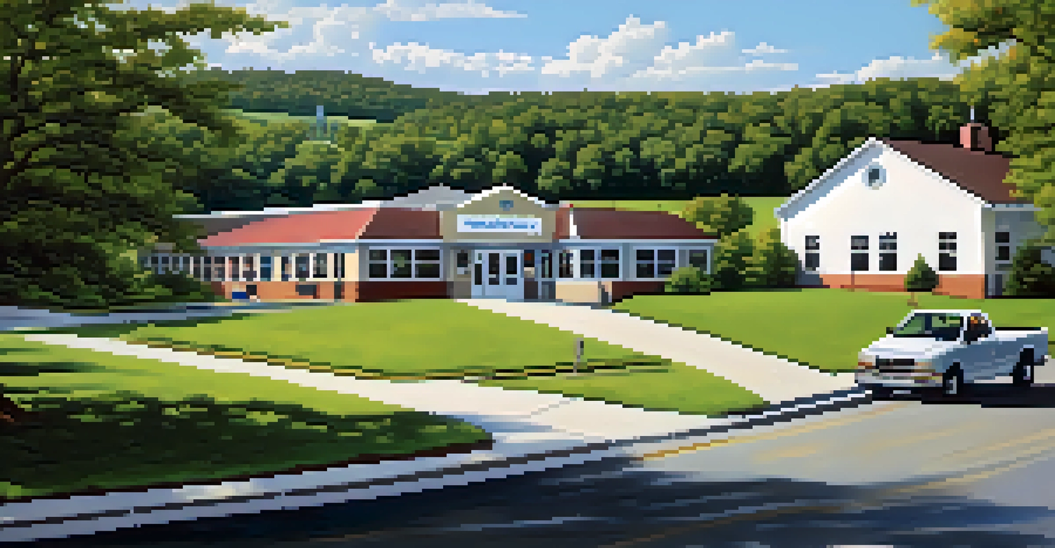 A rural healthcare clinic in Georgia set against a green landscape under a blue sky, representing improved healthcare access.