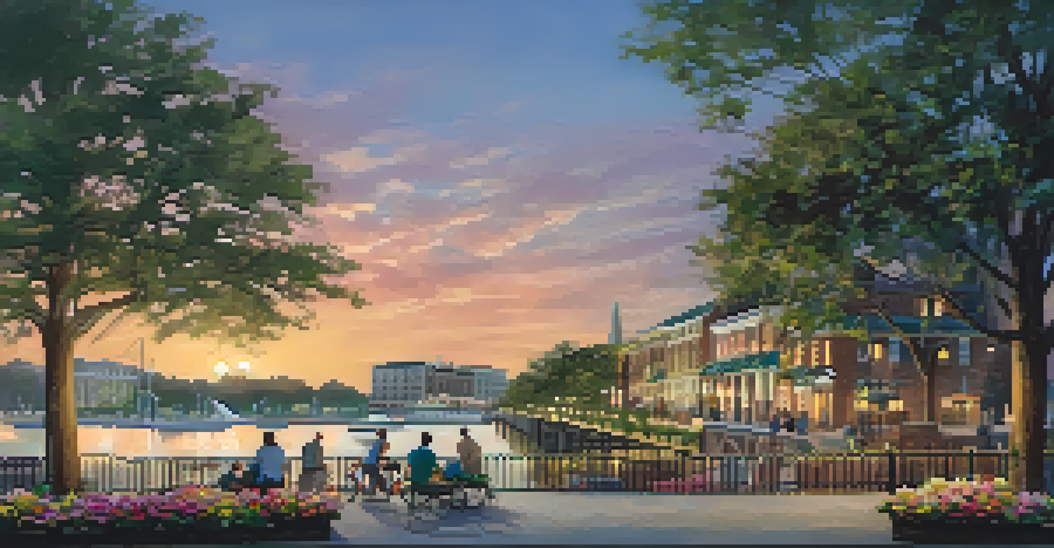 A scenic view of Savannah's waterfront with families enjoying parks and walkways, flowers and trees lining the paths, and historic buildings illuminated by sunset.
