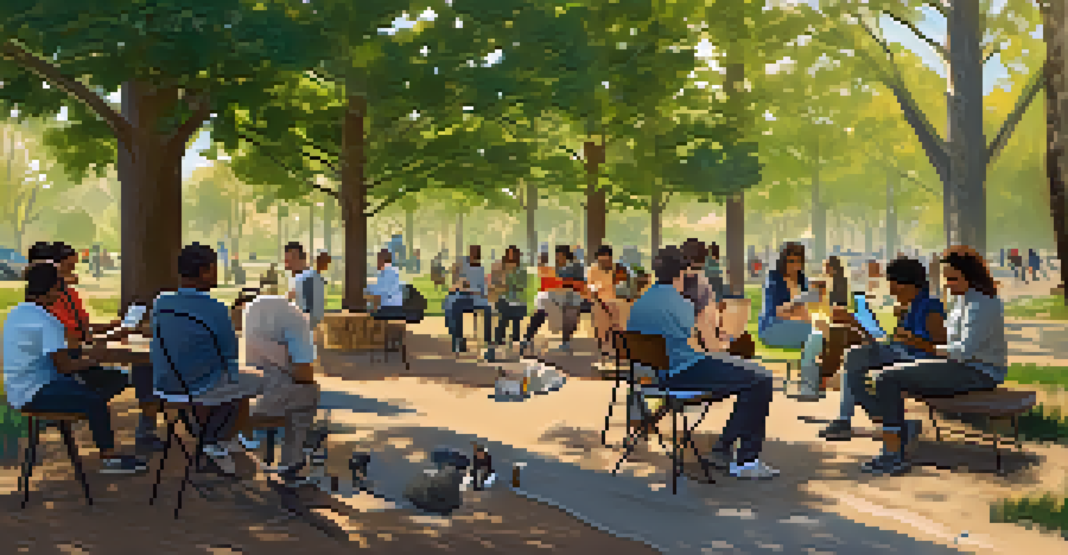 A lively community workshop in a sunny park where people are using mobile apps to identify local wildlife, surrounded by trees and educational posters.