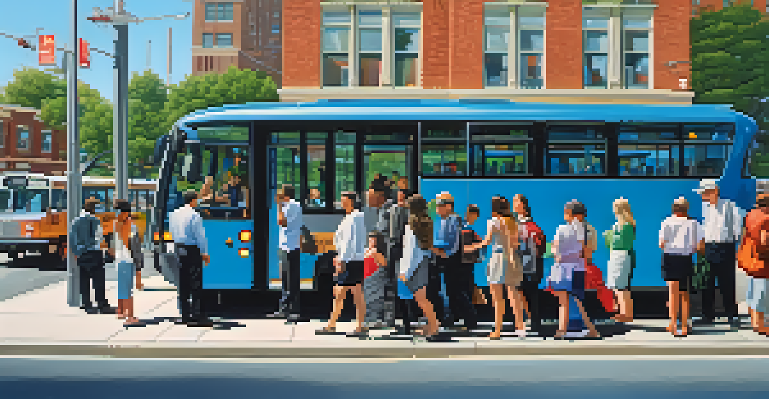 A modern bus at a bus stop in a Georgia city, with diverse passengers waiting and urban buildings in the background.