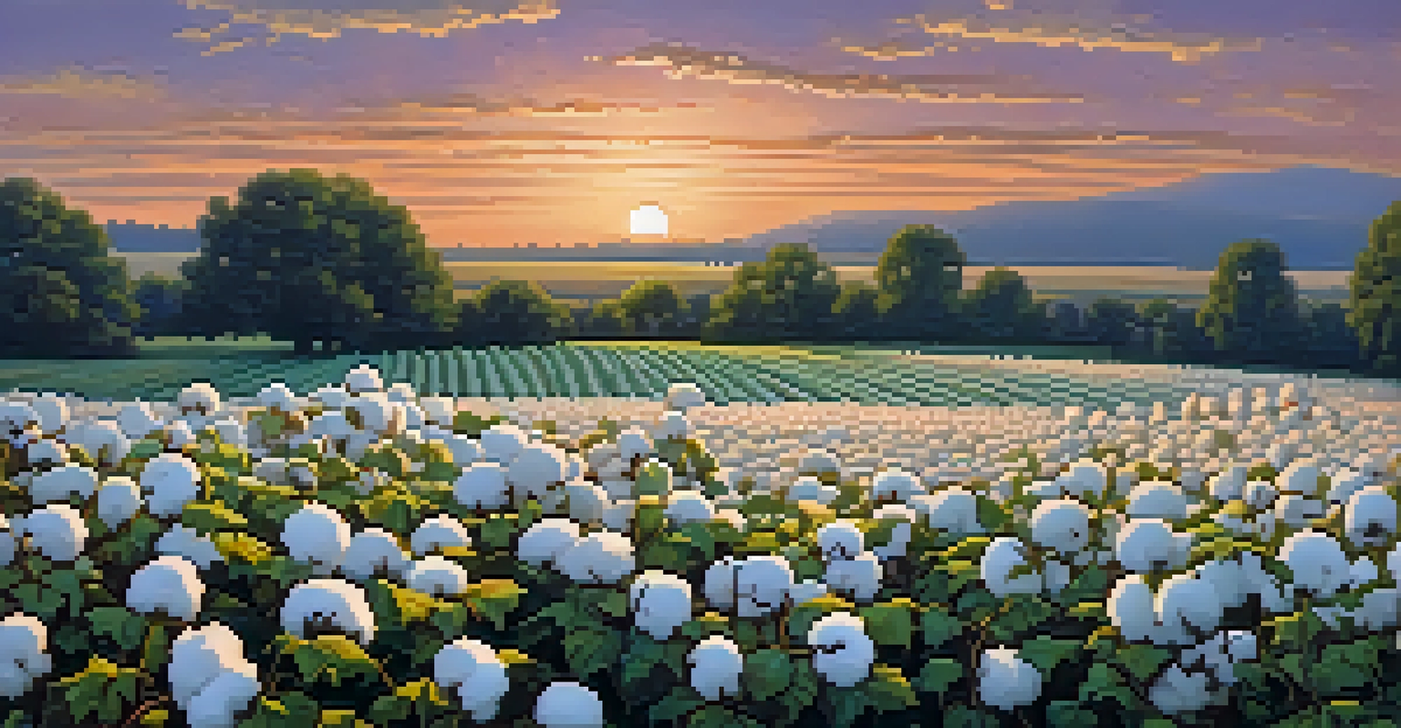 Cotton fields in Georgia during sunset with fluffy cotton bolls and a farmer silhouetted in the background.