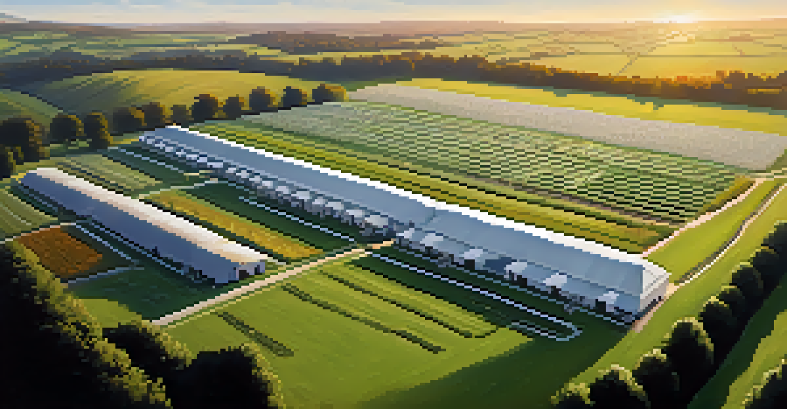 Aerial view of a poultry farm with white houses and green pastures, surrounded by rolling hills during sunset.