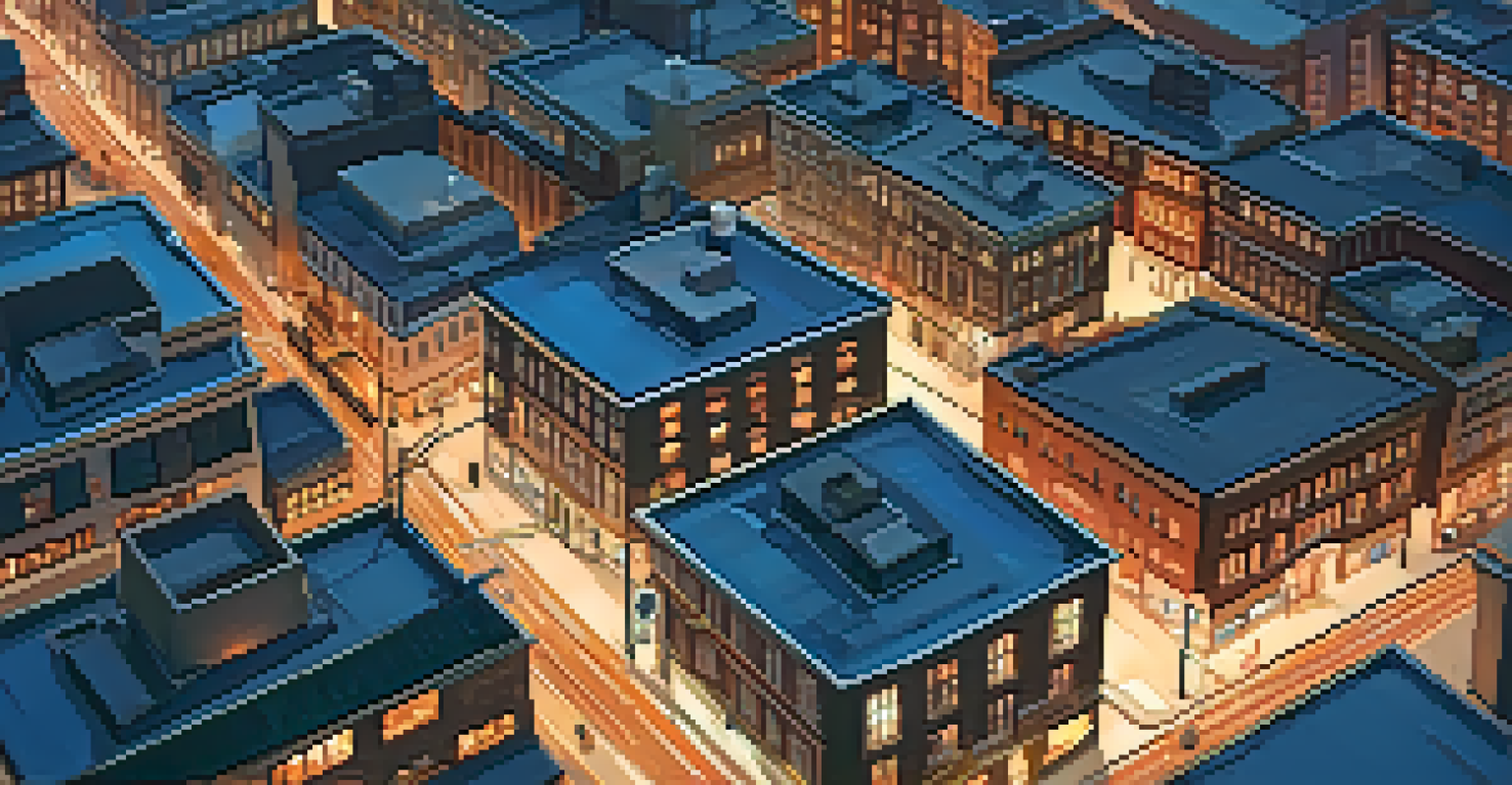 An aerial view of a city at dusk with illuminated streets and residents using mobile apps for civic engagement.