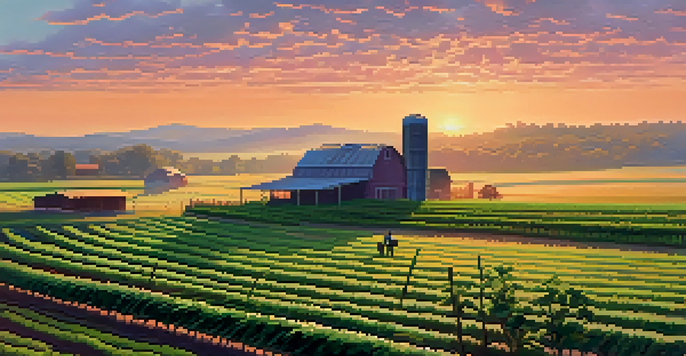 A Georgia farm at sunrise with green crops and a barn in the background, depicting a serene agricultural scene.