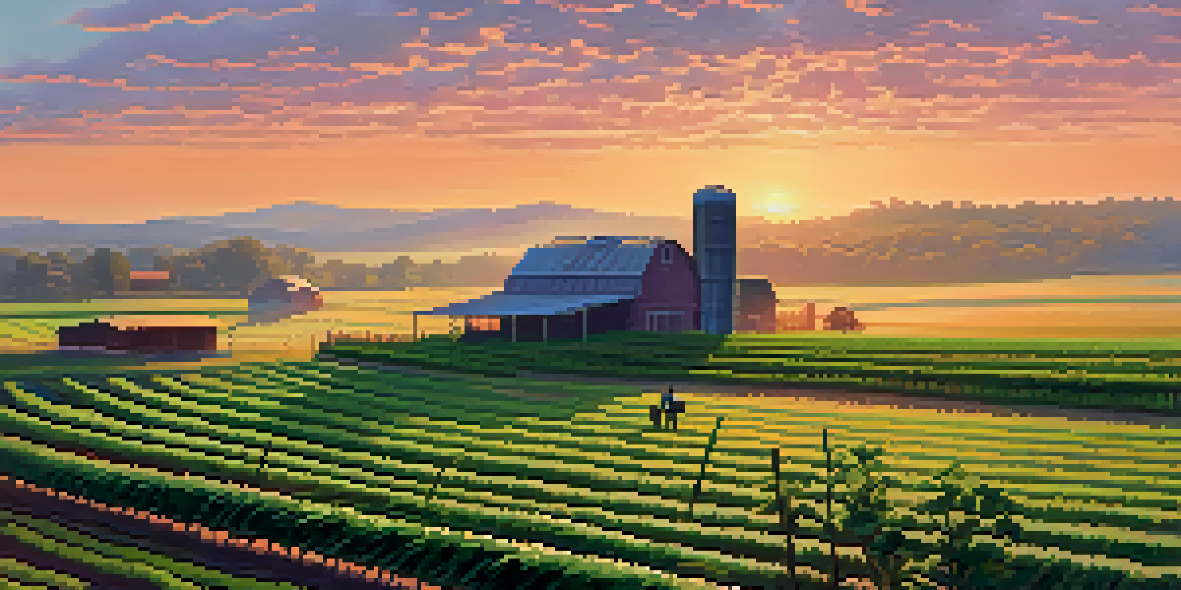 A Georgia farm at sunrise with green crops and a barn in the background, depicting a serene agricultural scene.