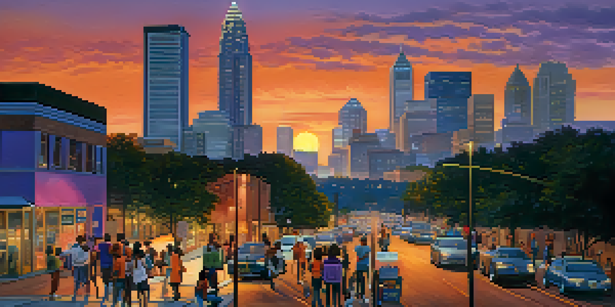 A diverse group of young voters in Atlanta, Georgia, standing in front of a colorful skyline during dusk, with campaign signs and registration forms.
