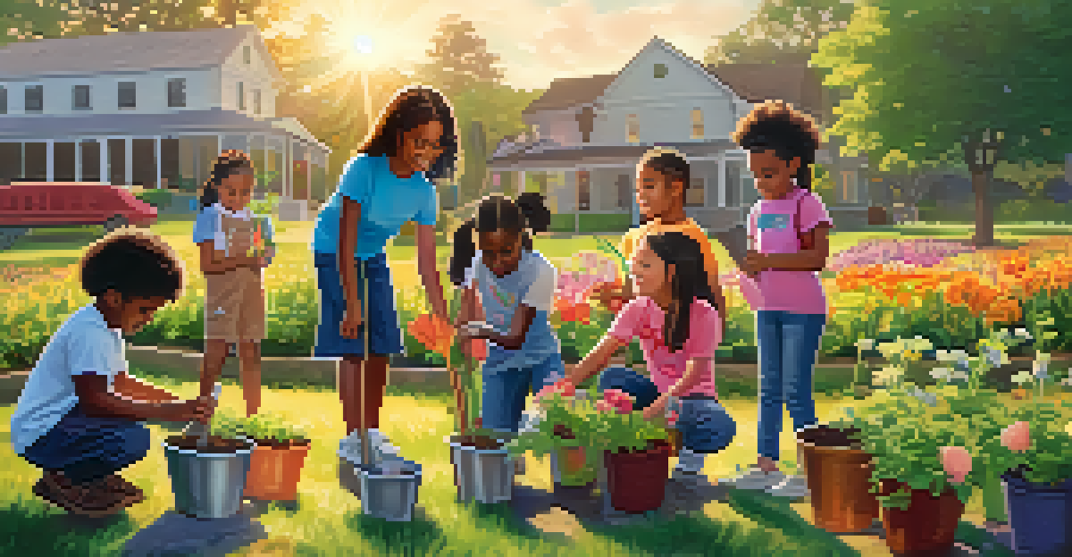 Children participating in an outdoor gardening activity, planting flowers and vegetables with guidance from a mentor, during sunset.