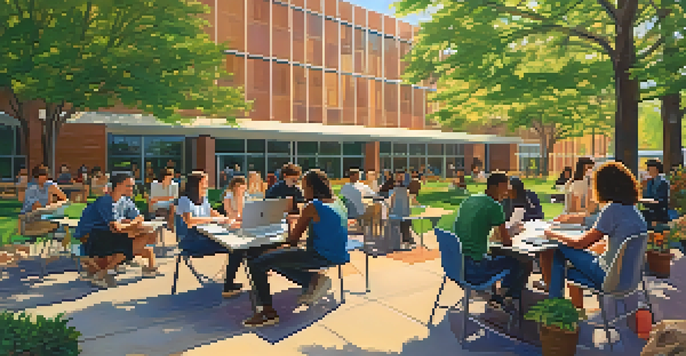 A lively college campus at Georgia State University with diverse students working together outdoors, surrounded by spring flowers and trees.