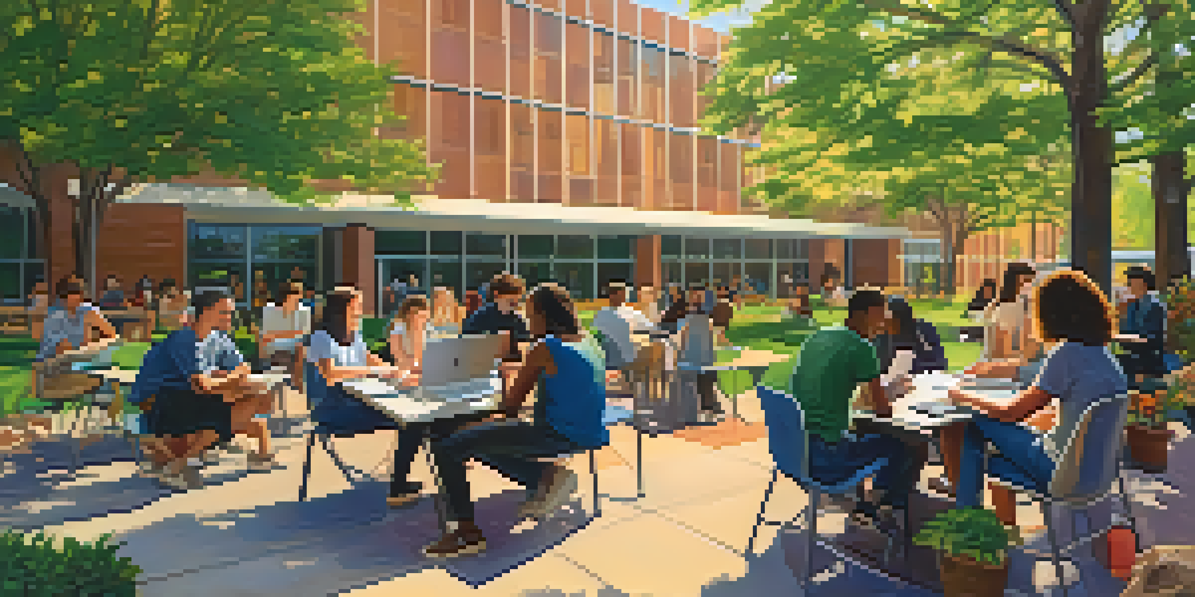 A lively college campus at Georgia State University with diverse students working together outdoors, surrounded by spring flowers and trees.