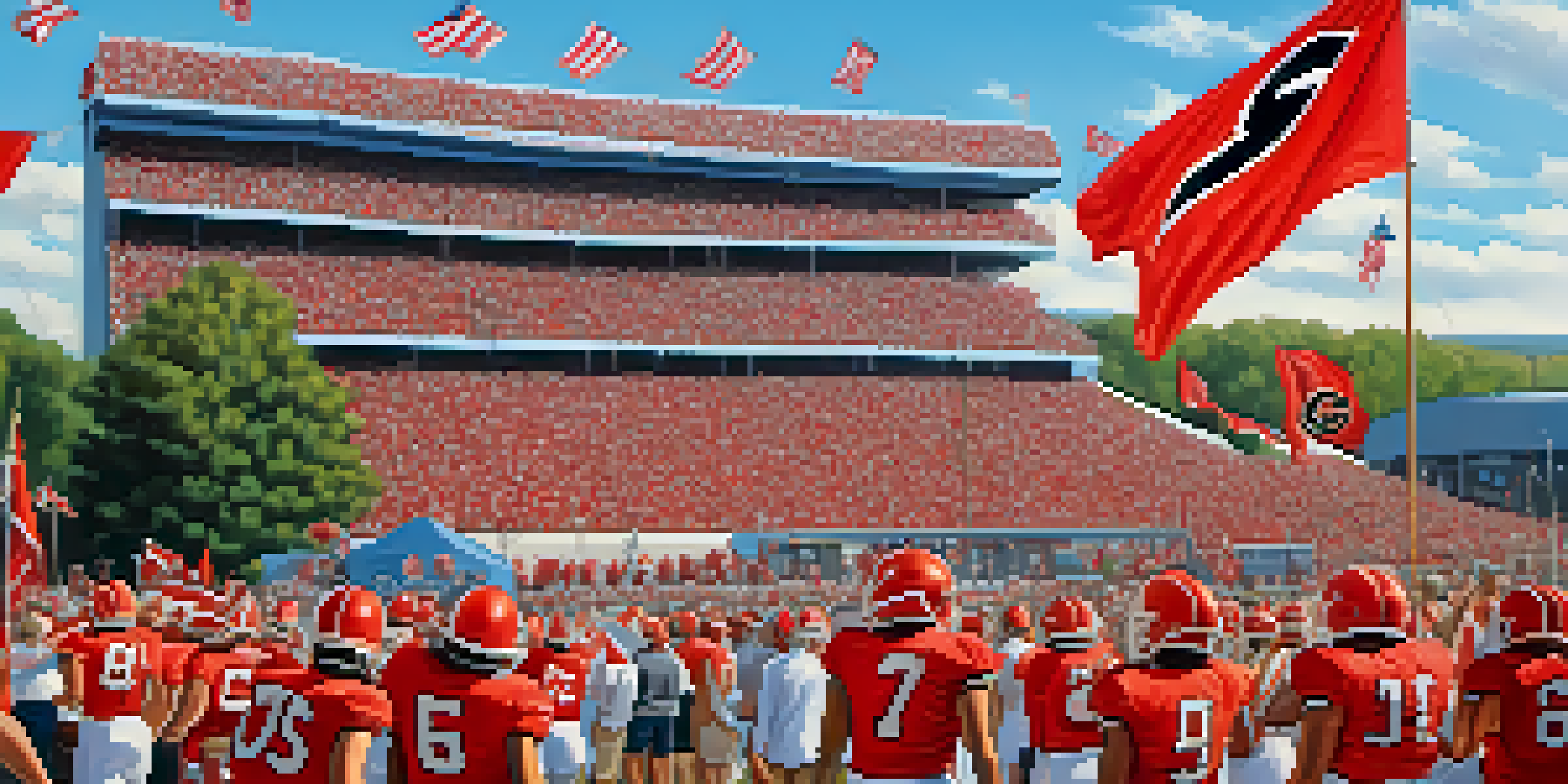 A lively college football game day in Georgia with fans in team colors, tailgating setups, and a marching band, creating an electric atmosphere.