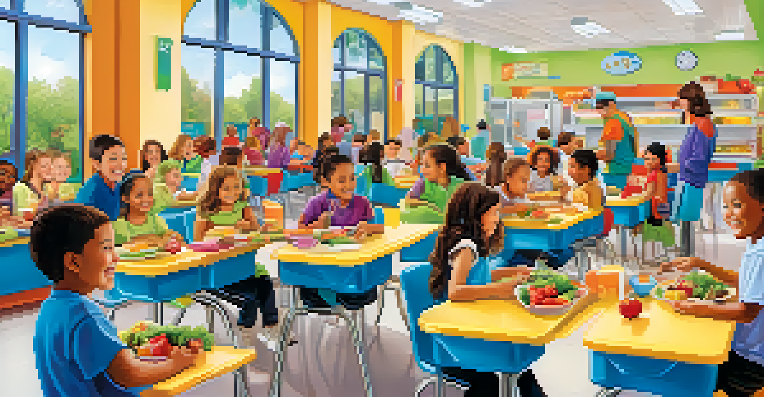 Children in a school cafeteria enjoying nutritious meals with educators discussing healthy eating.