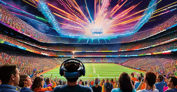 A family enjoying a virtual reality sports game in a colorful, crowded stadium, showcasing excitement and energy.