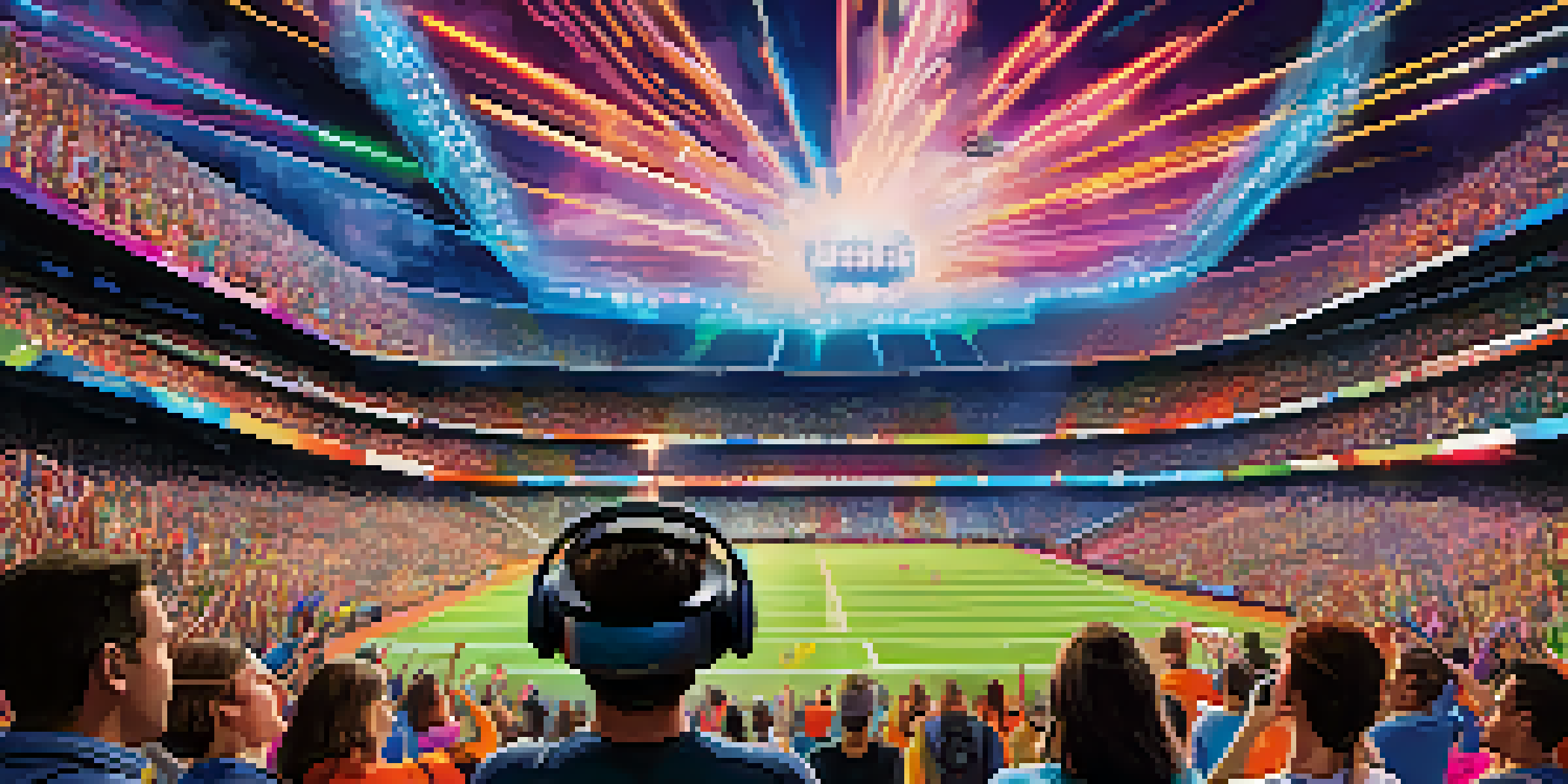 A family enjoying a virtual reality sports game in a colorful, crowded stadium, showcasing excitement and energy.