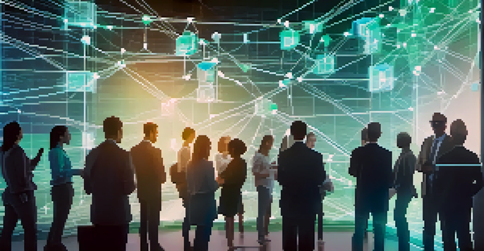 A digital screen displaying a blockchain diagram with glowing interconnected blocks, set in a modern office.